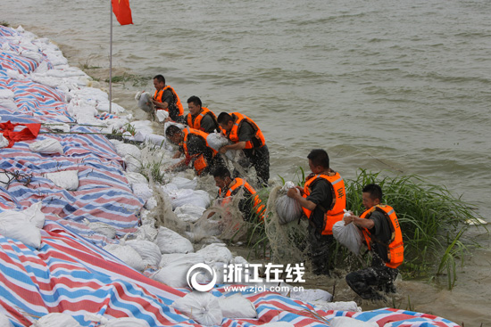 7月10日，该部在鄱阳湖大堤执行固坝任务，图为官兵跳入水中用沙袋加固堤坝。（史涵宇摄）.jpg